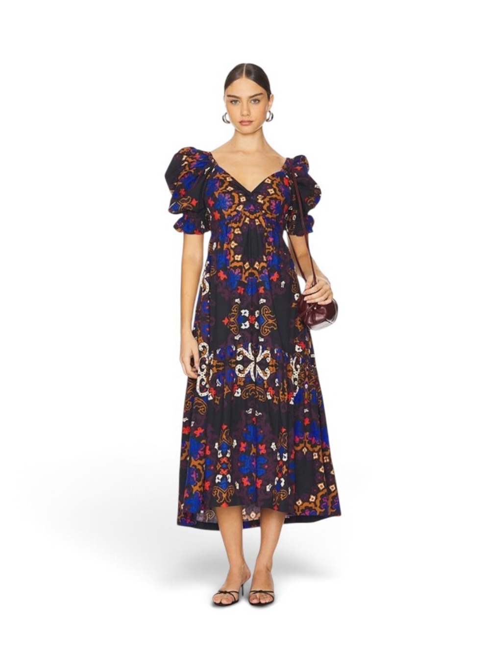Cleobella Jewel Ankle Dress in Venezia Print Puff-Sleeve Midi Dress